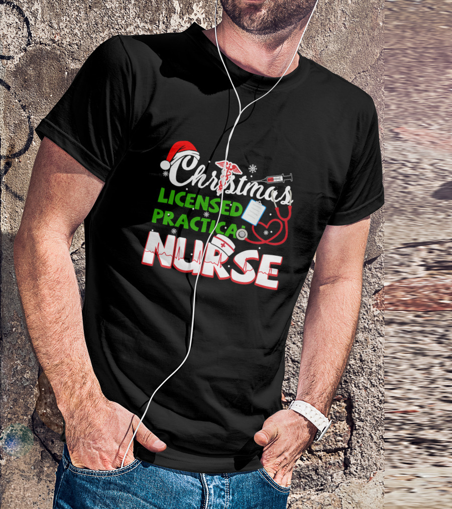 Christmas Licensed Practical Nurse With Santa Hat And Medical Symbols T-Shirt