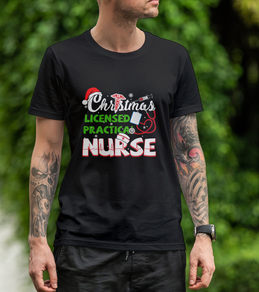 Christmas Licensed Practical Nurse With Santa Hat And Medical Symbols T-Shirt