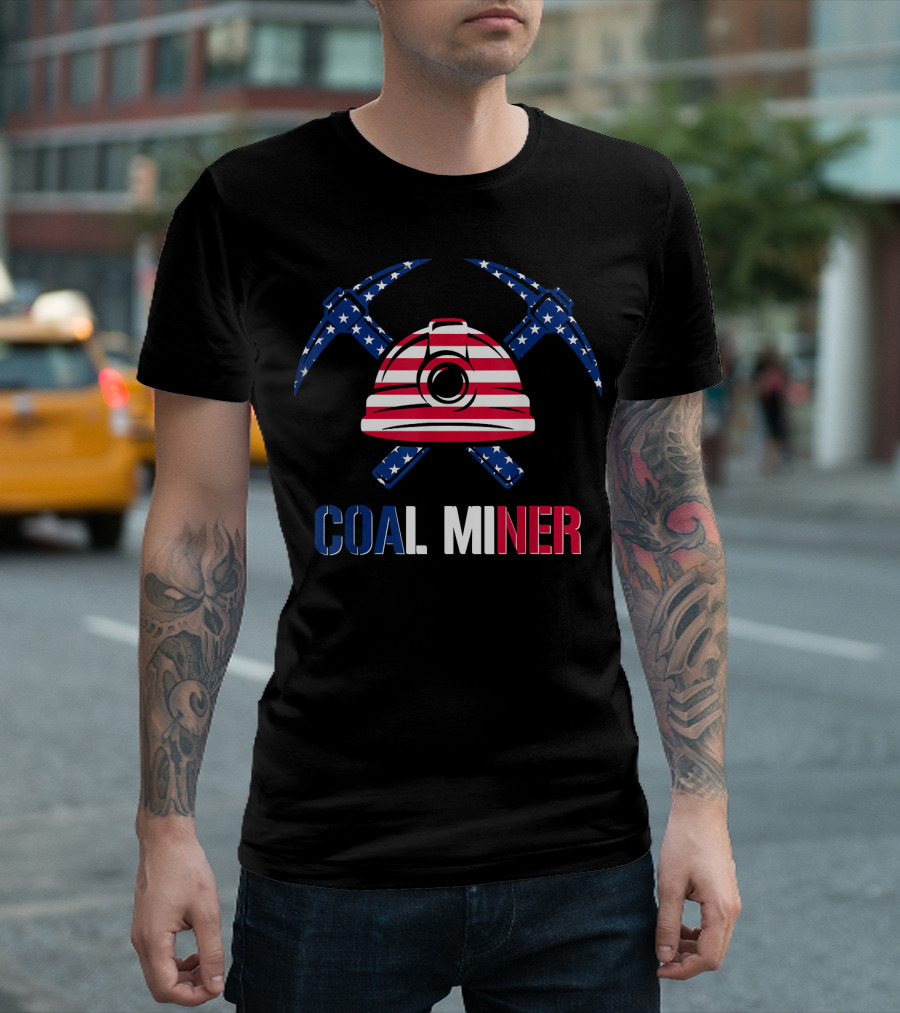 4th Of July Patriotic Coal Miner American Flag Hard Hat and Crossed Pickaxes T-Shirt