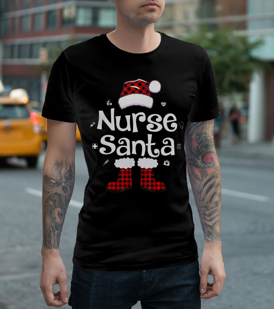 Nurse Santa Plaid Hat Boots Icons T-Shirt