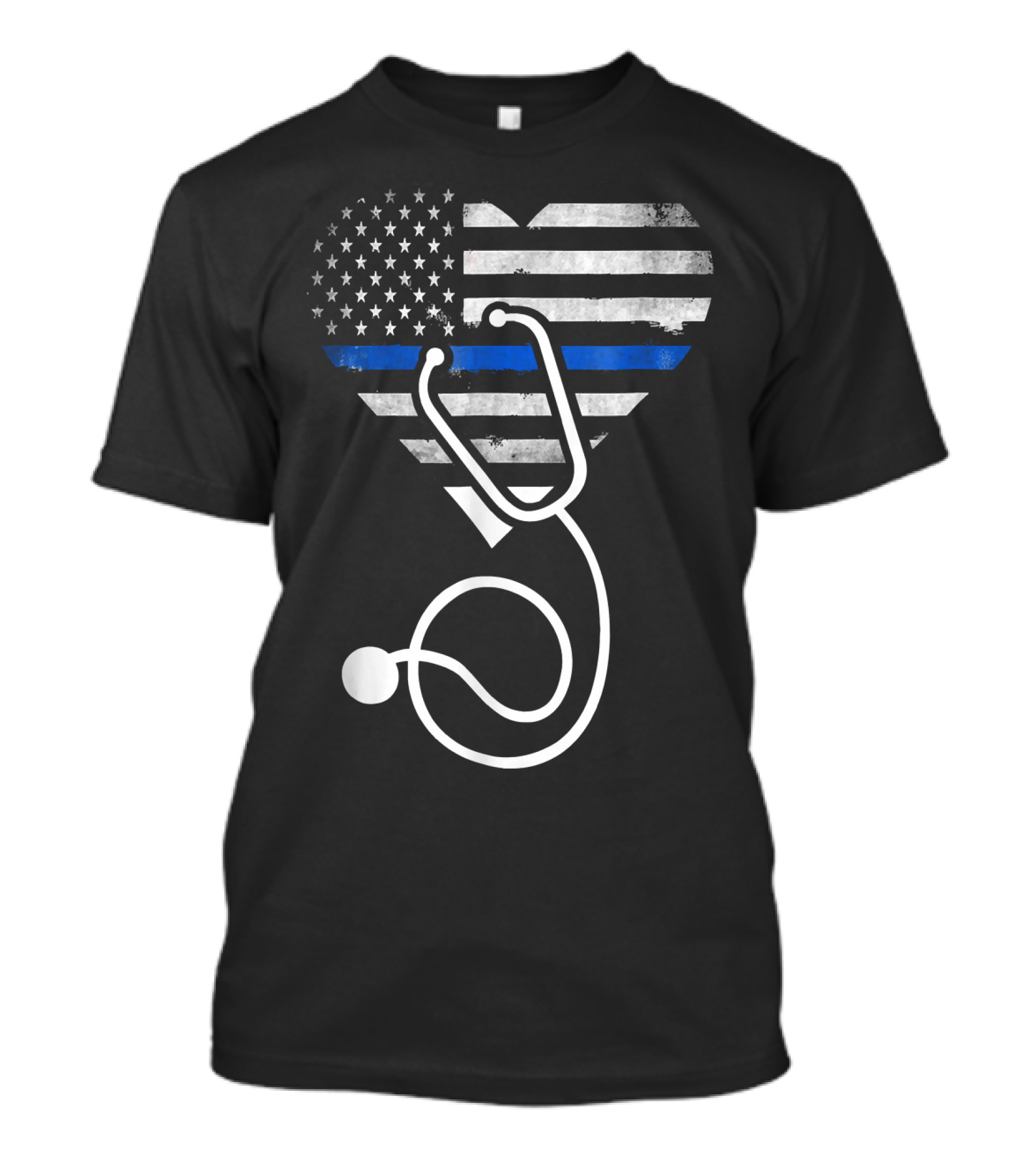 American Flag Heart With Thin Blue Line And Stethoscope T-Shirt