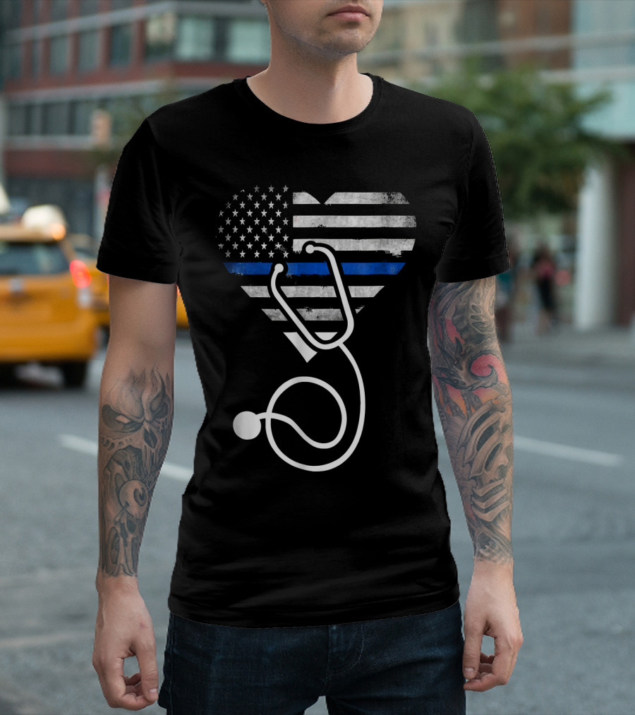 American Flag Heart With Thin Blue Line And Stethoscope T-Shirt