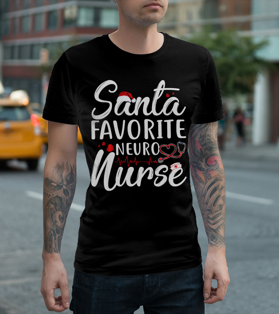 Santa's Favorite Neuro Nurse Christmas Heartbeat Hat Stethoscope T-Shirt