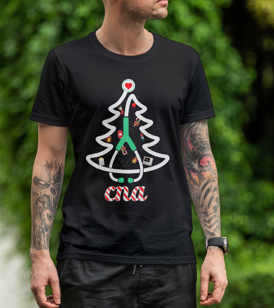 CNA Christmas Nurse Tree With Stethoscope And Holiday Icons T-Shirt