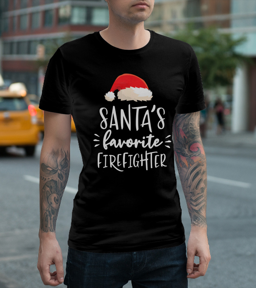 Santa's Favorite Firefighter Christmas Santa Hat T-Shirt