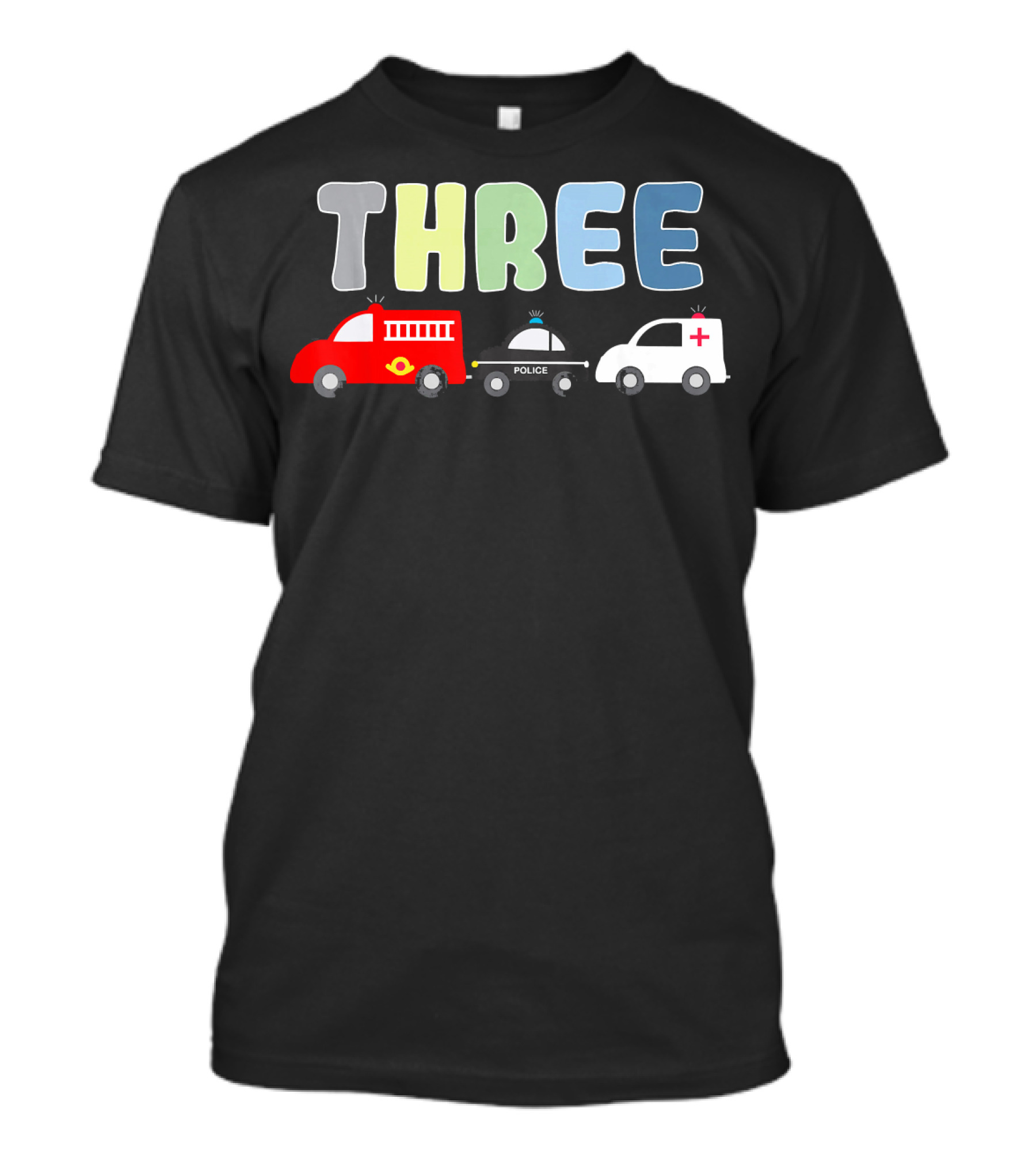 THREE 3rd Birthday Party Fire Truck Police Ambulance Emergency Vehicles T-Shirt