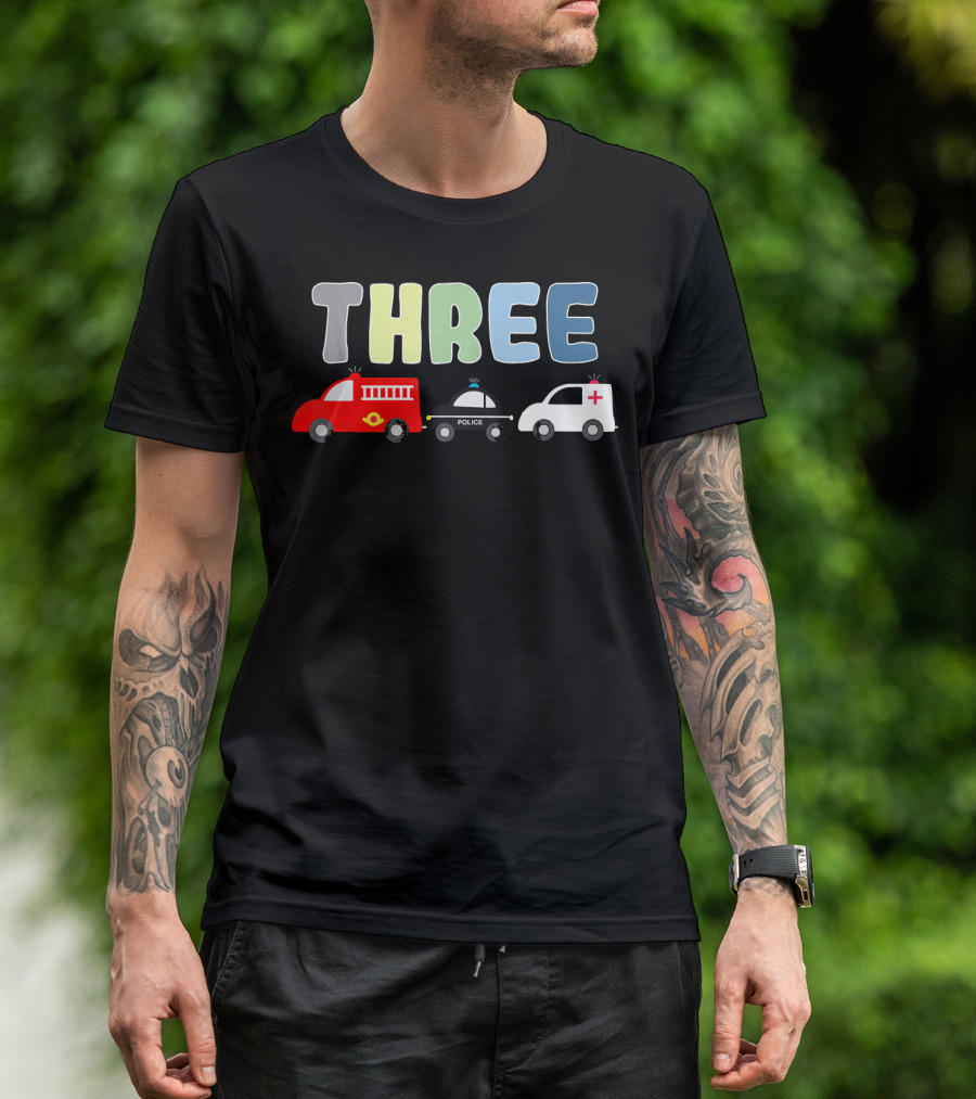 THREE 3rd Birthday Party Fire Truck Police Ambulance Emergency Vehicles T-Shirt
