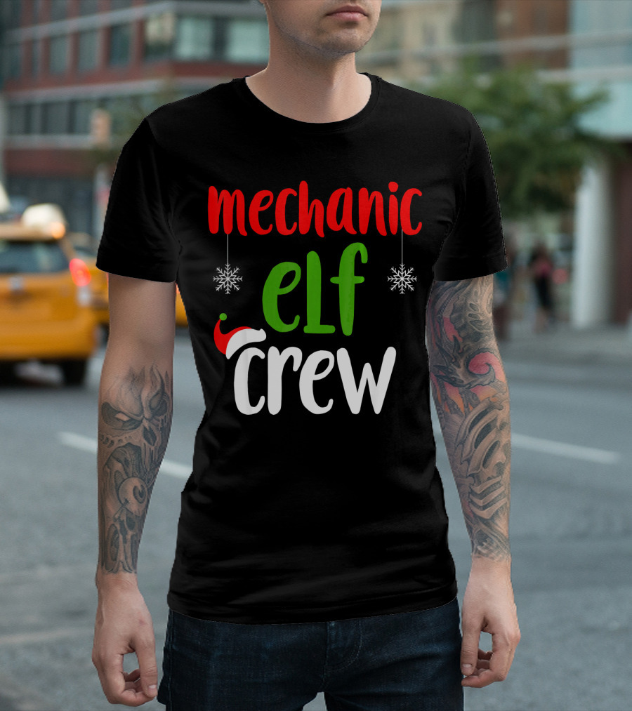 Mechanic Elf Crew Christmas Snowflakes Santa Hat T-Shirt