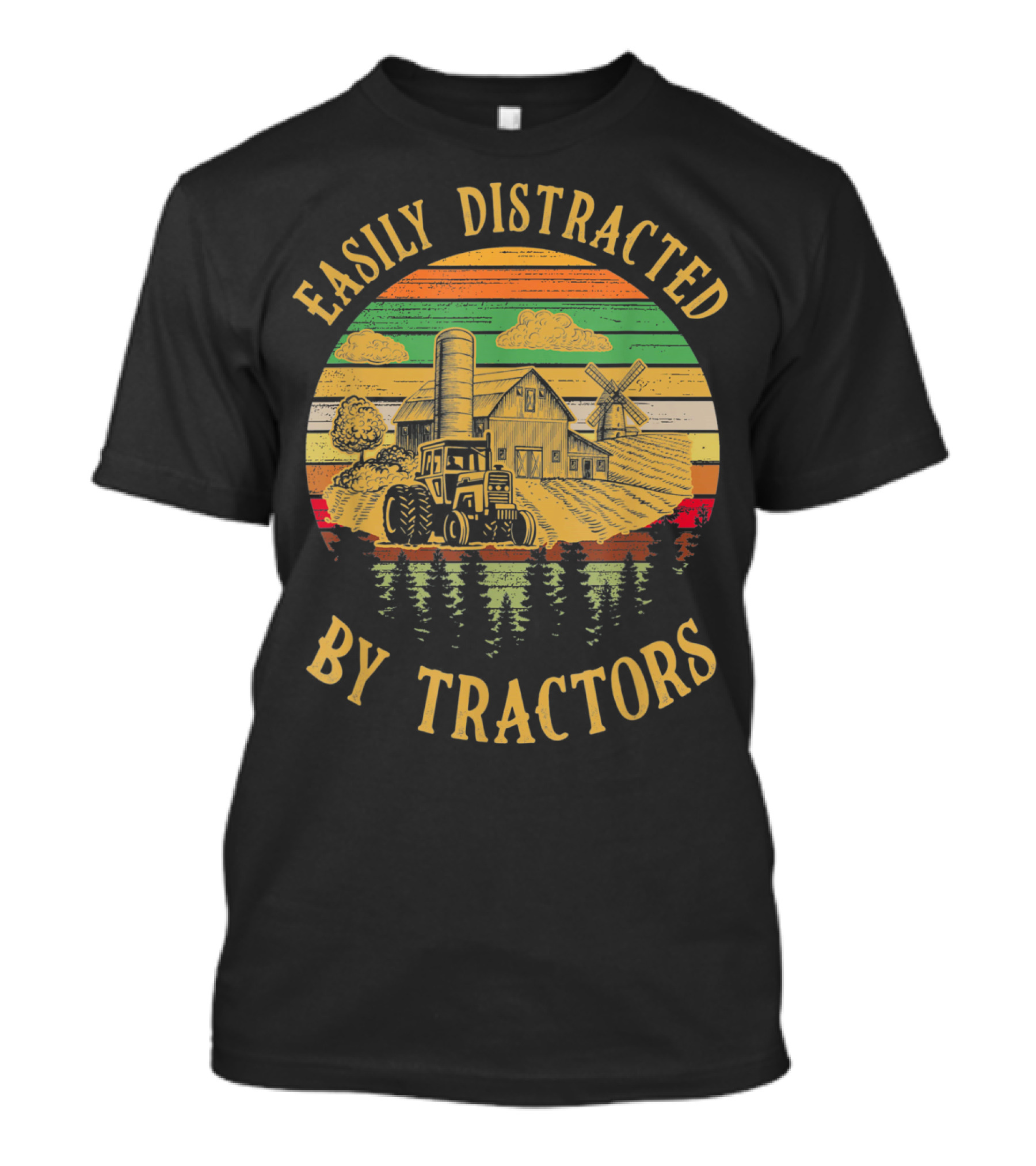 Easily Distracted By Tractors Farm Scene With Barn And Windmill T-Shirt