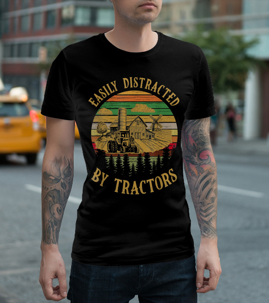 Easily Distracted By Tractors Farm Scene With Barn And Windmill T-Shirt