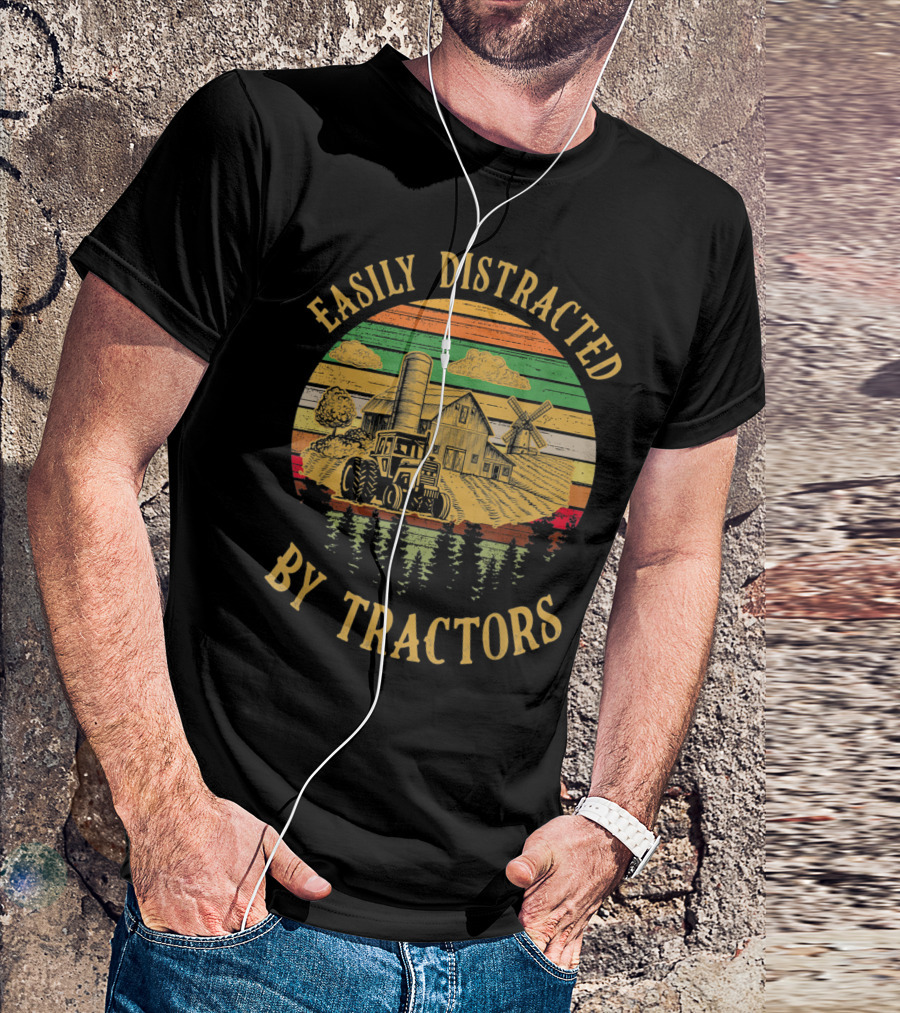 Easily Distracted By Tractors Farm Scene With Barn And Windmill T-Shirt