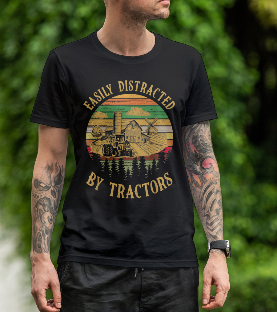 Easily Distracted By Tractors Farm Scene With Barn And Windmill T-Shirt