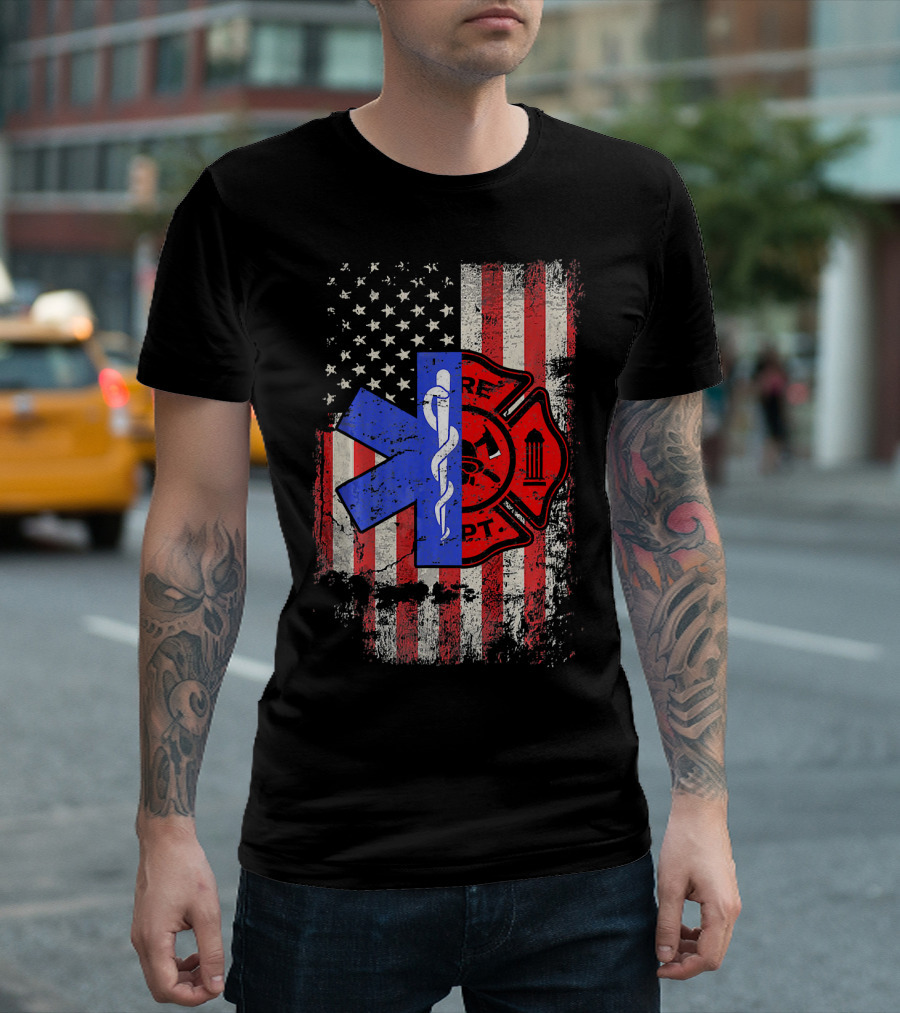 American Flag EMT Paramedic Fire Department Cross And Star Of Life T-Shirt