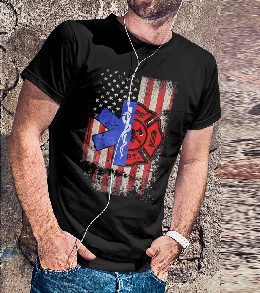 American Flag EMT Paramedic Fire Department Cross And Star Of Life T-Shirt