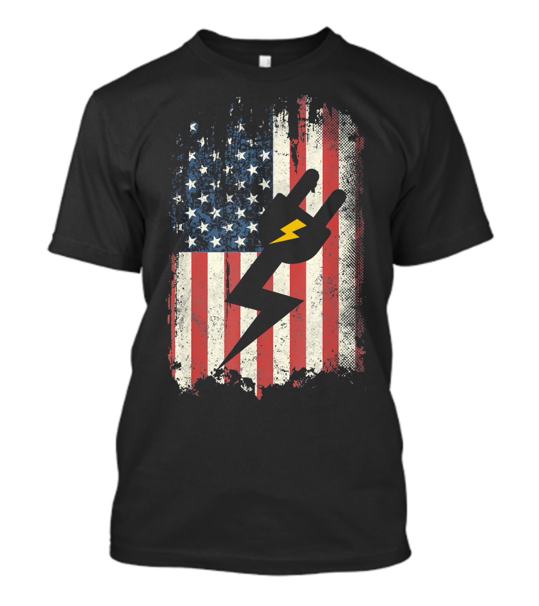 American Flag With Electrical Plug Lightning Bolt Symbol Lineman T-Shirt