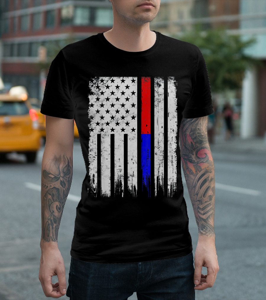 Distressed Firefighter Police Officer Thin Red And Blue Line American Flag T-Shirt