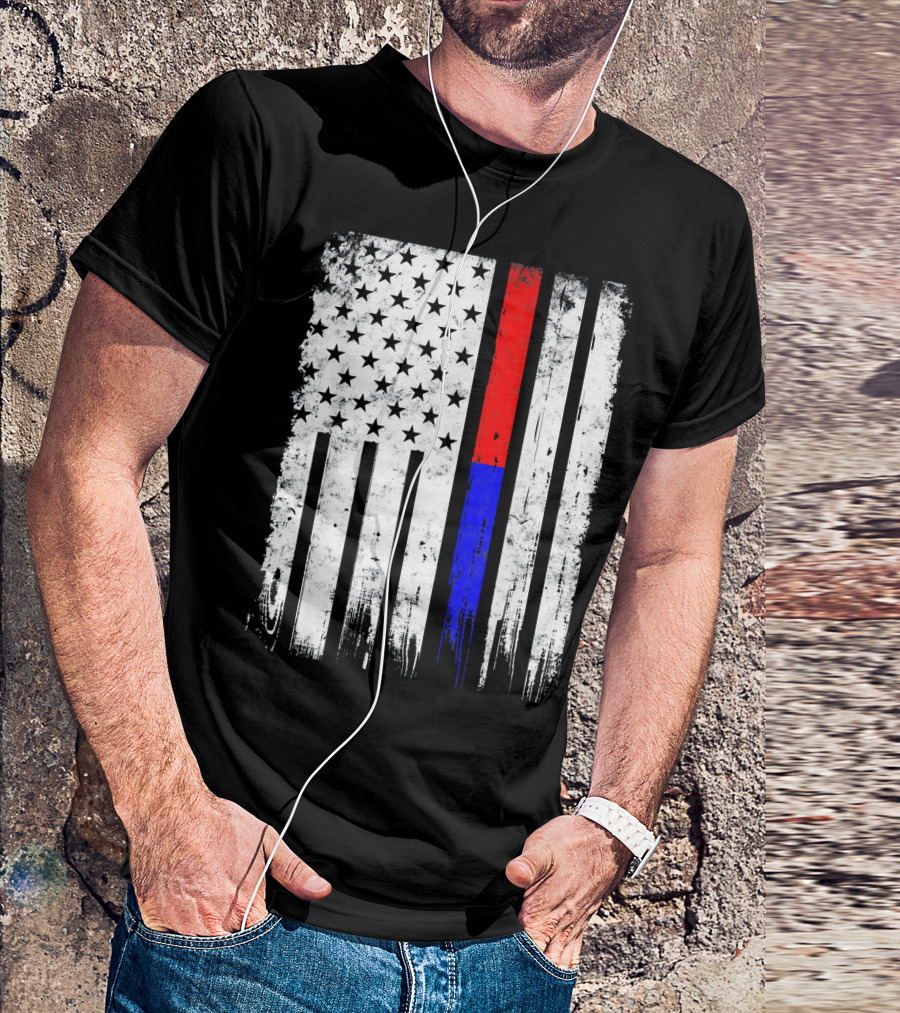 Distressed Firefighter Police Officer Thin Red And Blue Line American Flag T-Shirt