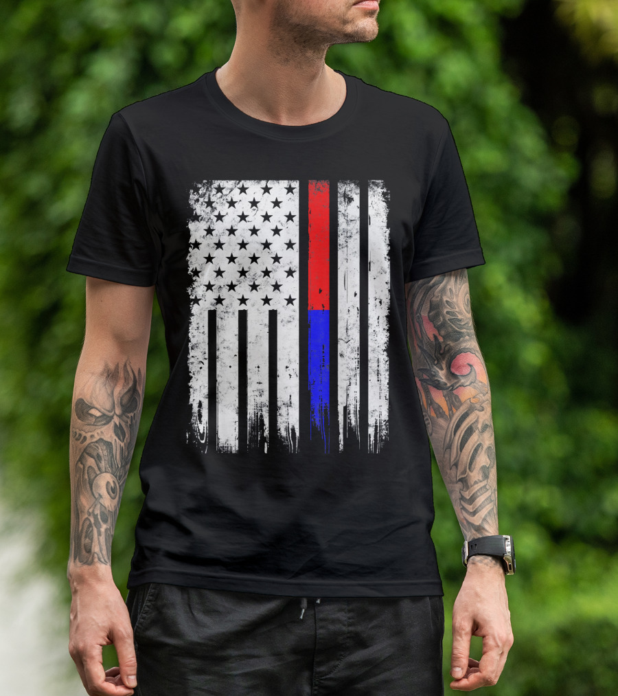 Distressed Firefighter Police Officer Thin Red And Blue Line American Flag T-Shirt