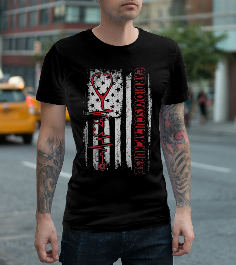 Distressed Cardiovascular Nurse USA Flag Stethoscope Heartbeat T-Shirt