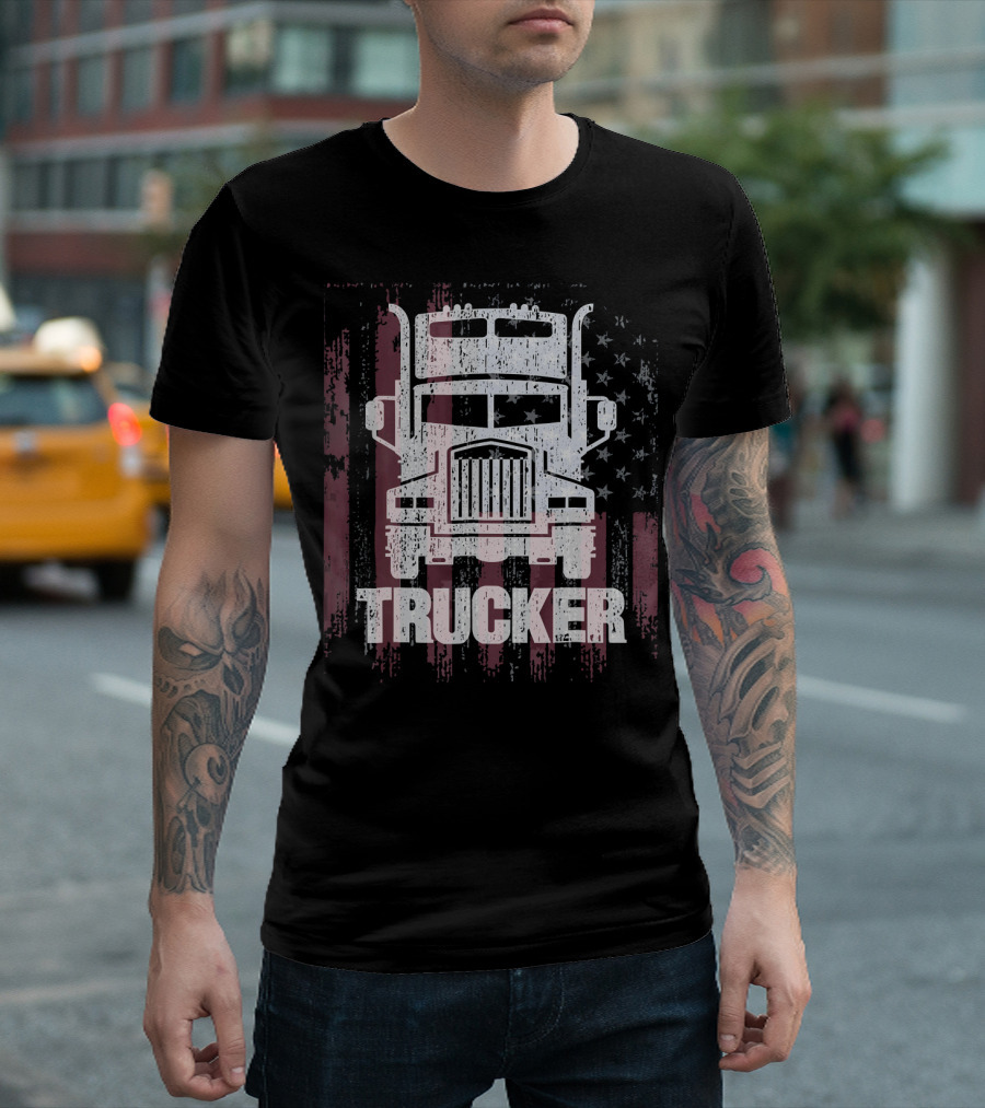 Cool Vintage Trucker American Flag Style Truck Drive T-Shirt