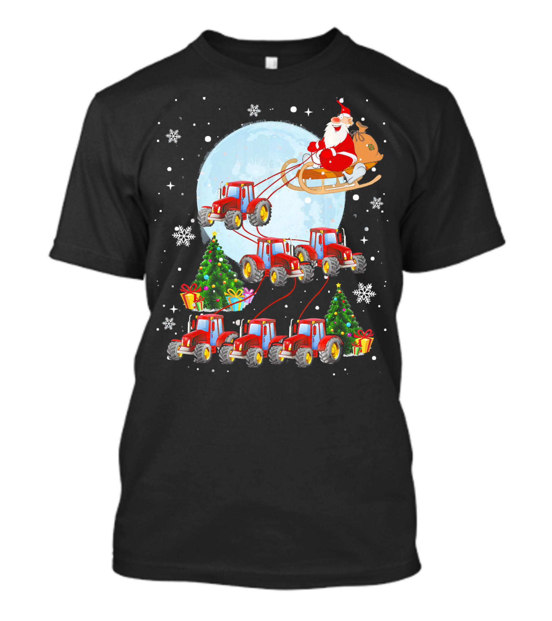 Santa Sleigh Farm Tractor Reindeer Christmas Moon Snowflakes T-Shirt