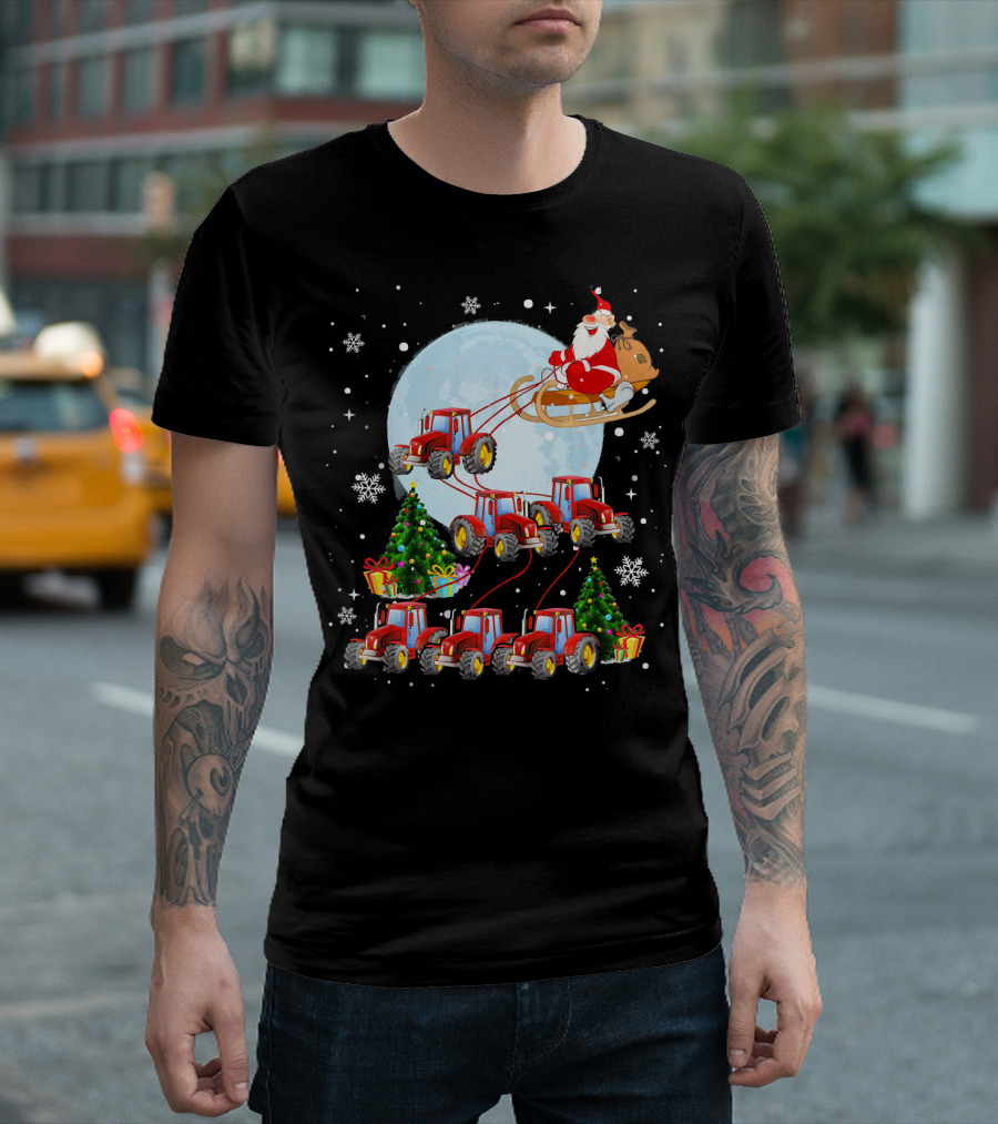 Santa Sleigh Farm Tractor Reindeer Christmas Moon Snowflakes T-Shirt