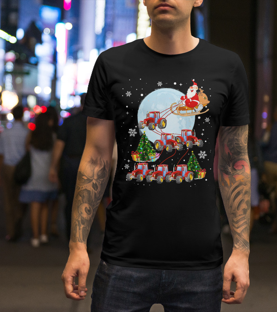 Santa Sleigh Farm Tractor Reindeer Christmas Moon Snowflakes T-Shirt