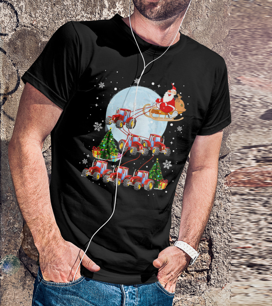 Santa Sleigh Farm Tractor Reindeer Christmas Moon Snowflakes T-Shirt