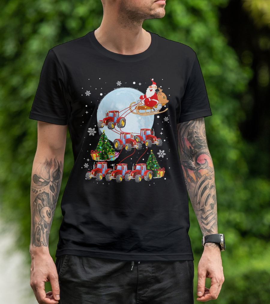 Santa Sleigh Farm Tractor Reindeer Christmas Moon Snowflakes T-Shirt