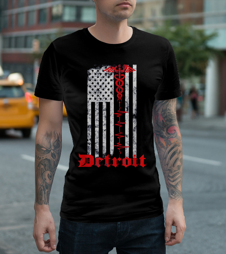 Detroit Distressed Flag EMS First Responder Caduceus USA T-Shirt