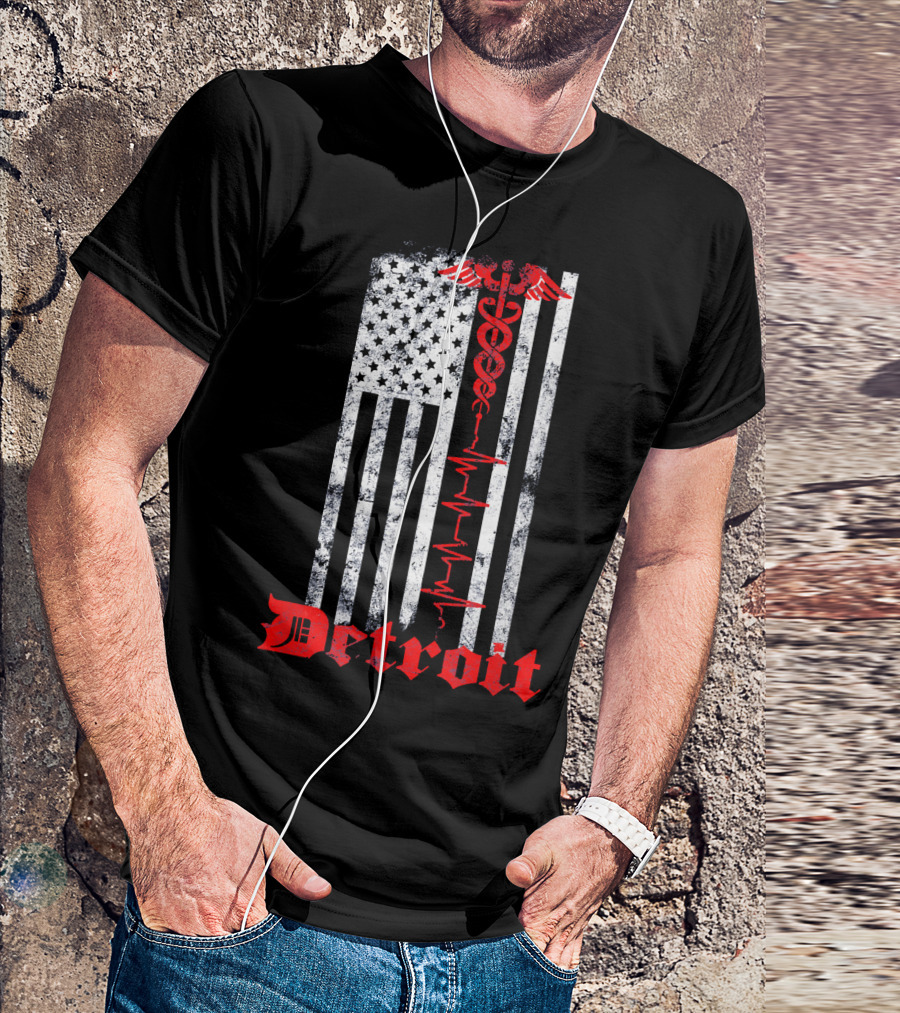 Detroit Distressed Flag EMS First Responder Caduceus USA T-Shirt