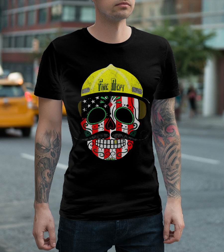 Dia De Los Muertos Day Of The Dead Firefighter Sugar Skull American Flag T-Shirt
