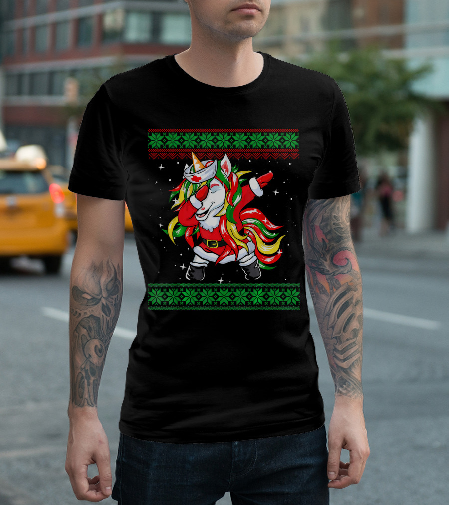 Dabbing Unicorn Nurse Mrs Claus Ugly Christmas T-Shirt