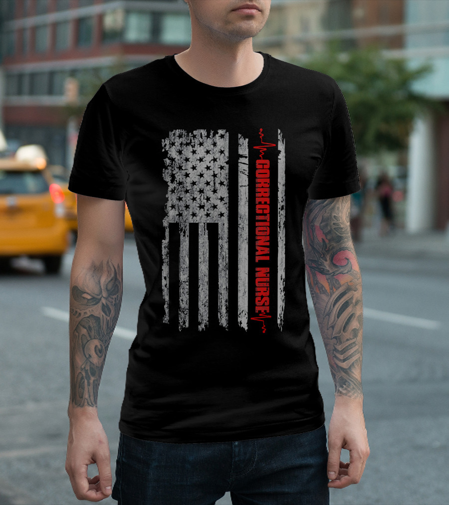 Correctional Nurse Grunge American Flag with Heartbeat Line T-Shirt
