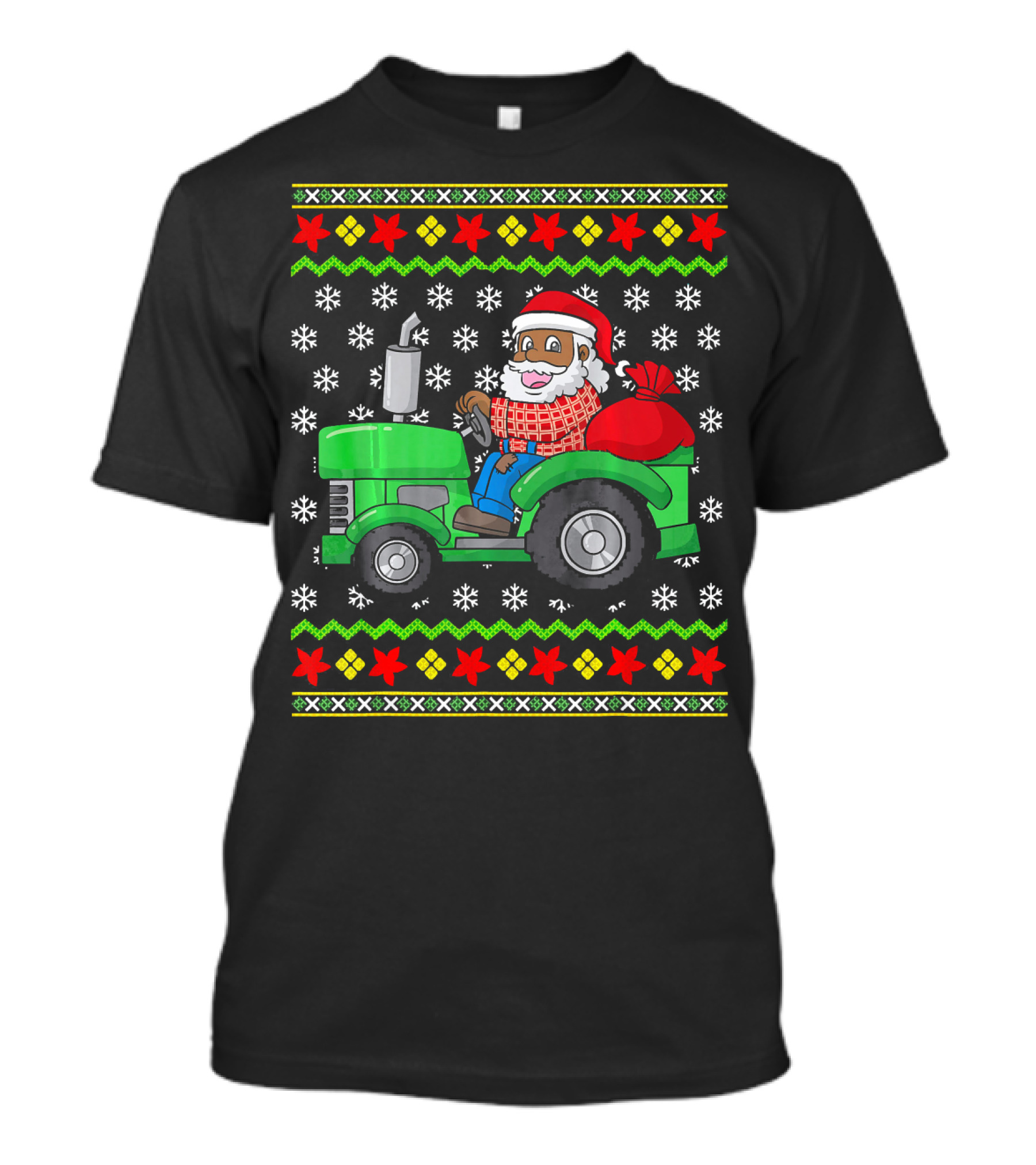 African American Santa Claus Driving Tractor On Farm With Festive Snowflakes And Stars T-Shirt