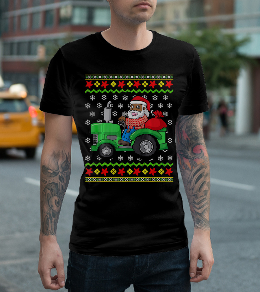 African American Santa Claus Driving Tractor On Farm With Festive Snowflakes And Stars T-Shirt