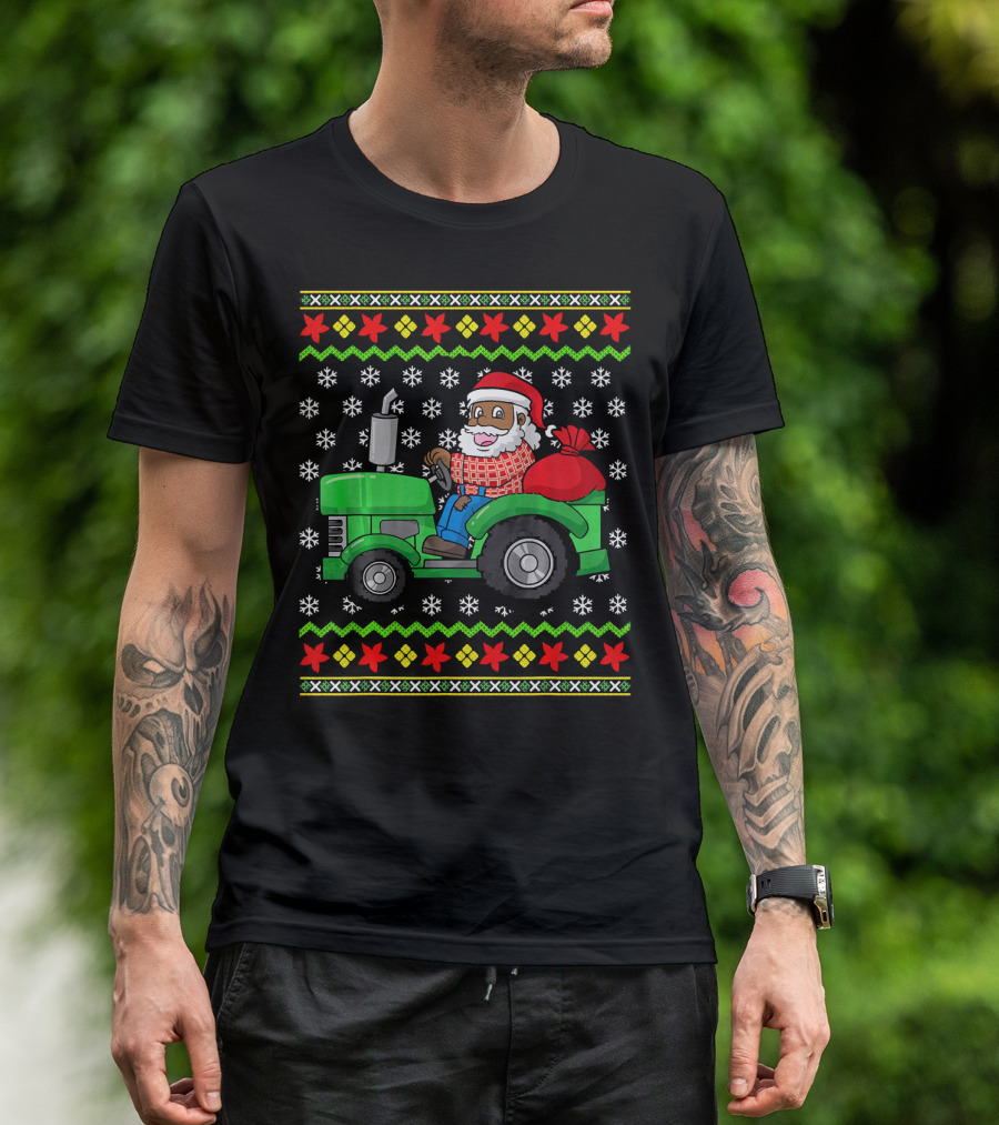 African American Santa Claus Driving Tractor On Farm With Festive Snowflakes And Stars T-Shirt