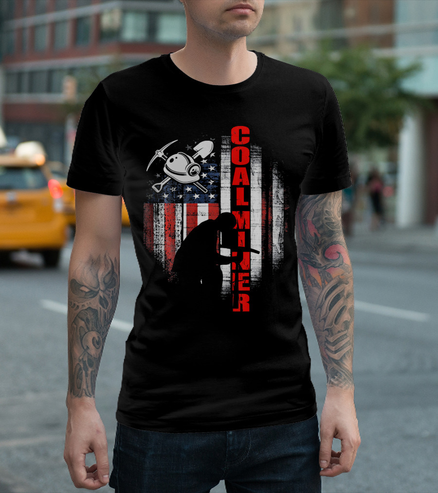 Coal Miner Flag Silhouette with American Flag and Tools T-Shirt