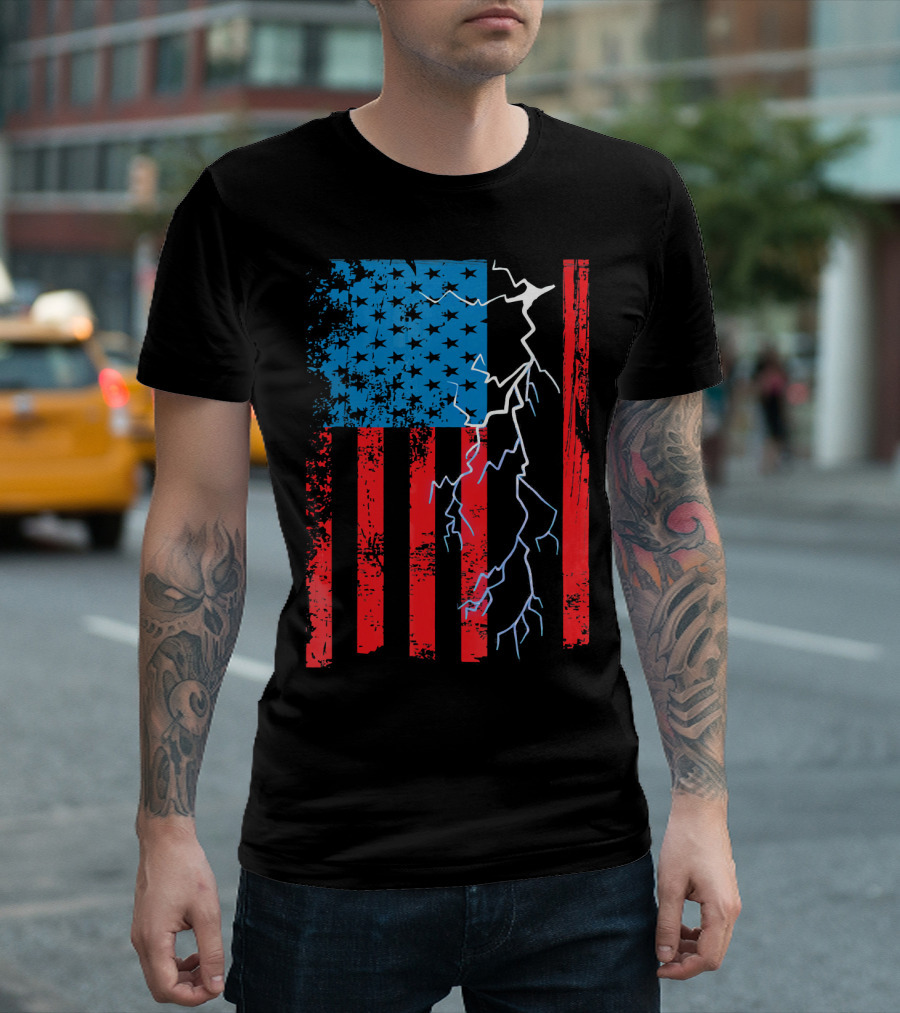 Electrician Mechanic American Flag With Lightning Bolt T-Shirt
