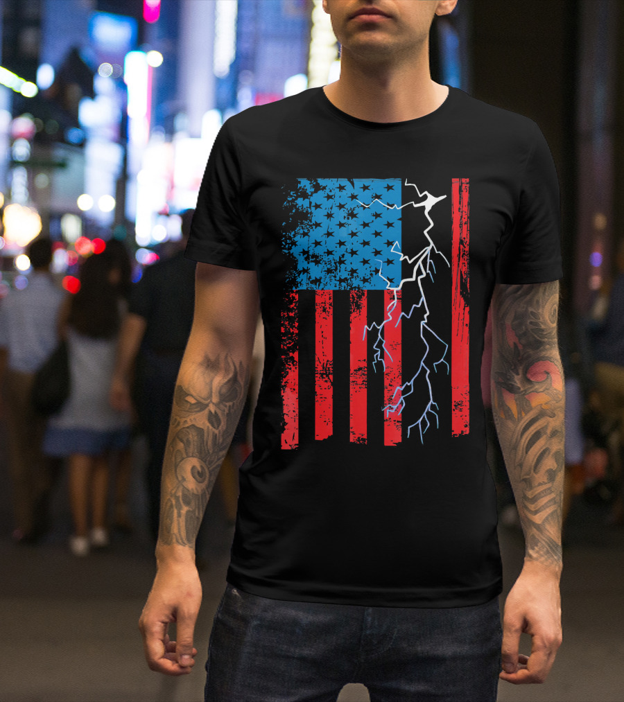 Electrician Mechanic American Flag With Lightning Bolt T-Shirt