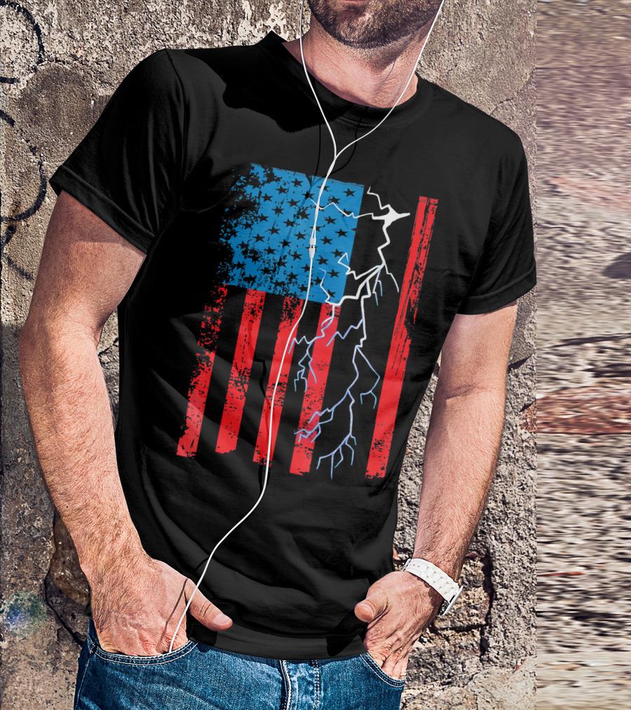 Electrician Mechanic American Flag With Lightning Bolt T-Shirt