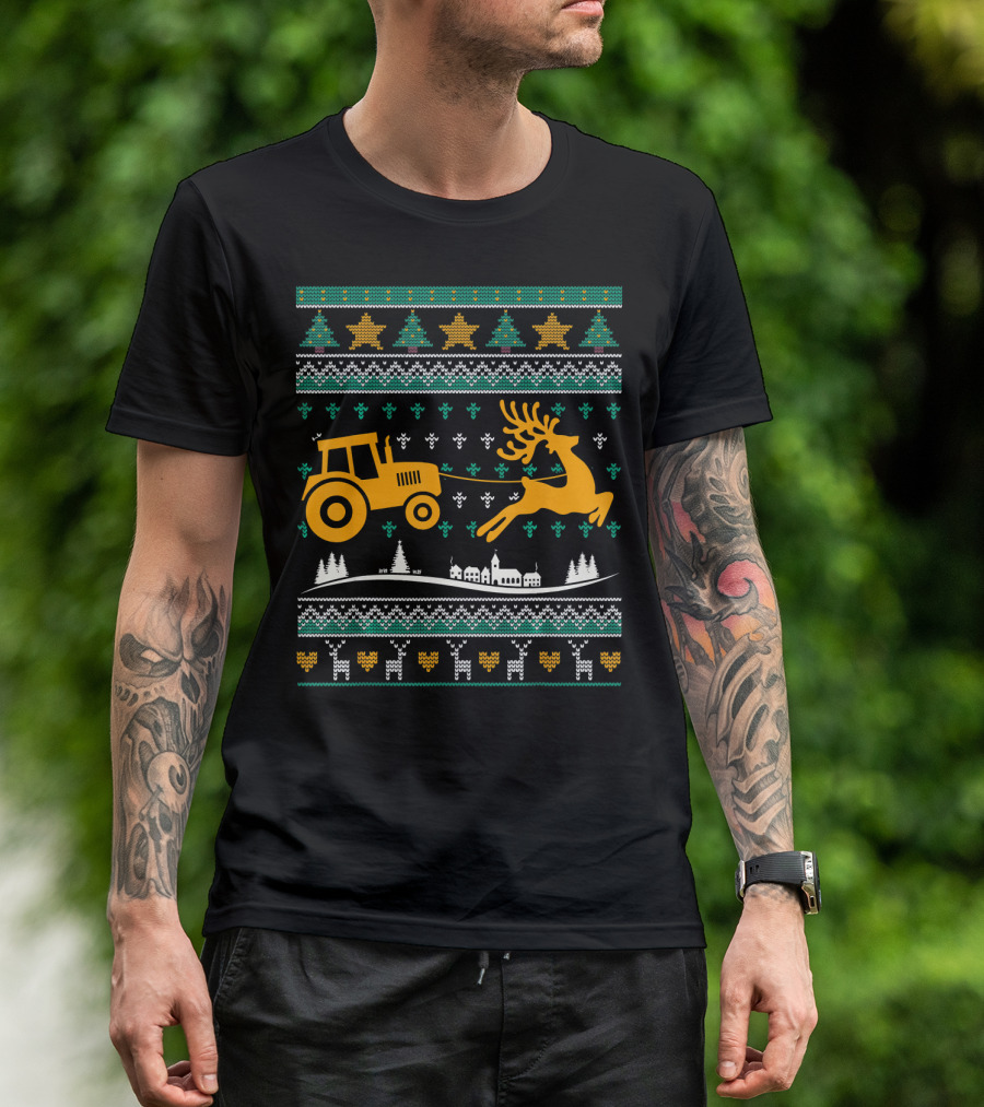Farm Tractor Pulling Reindeer Christmas T-Shirt