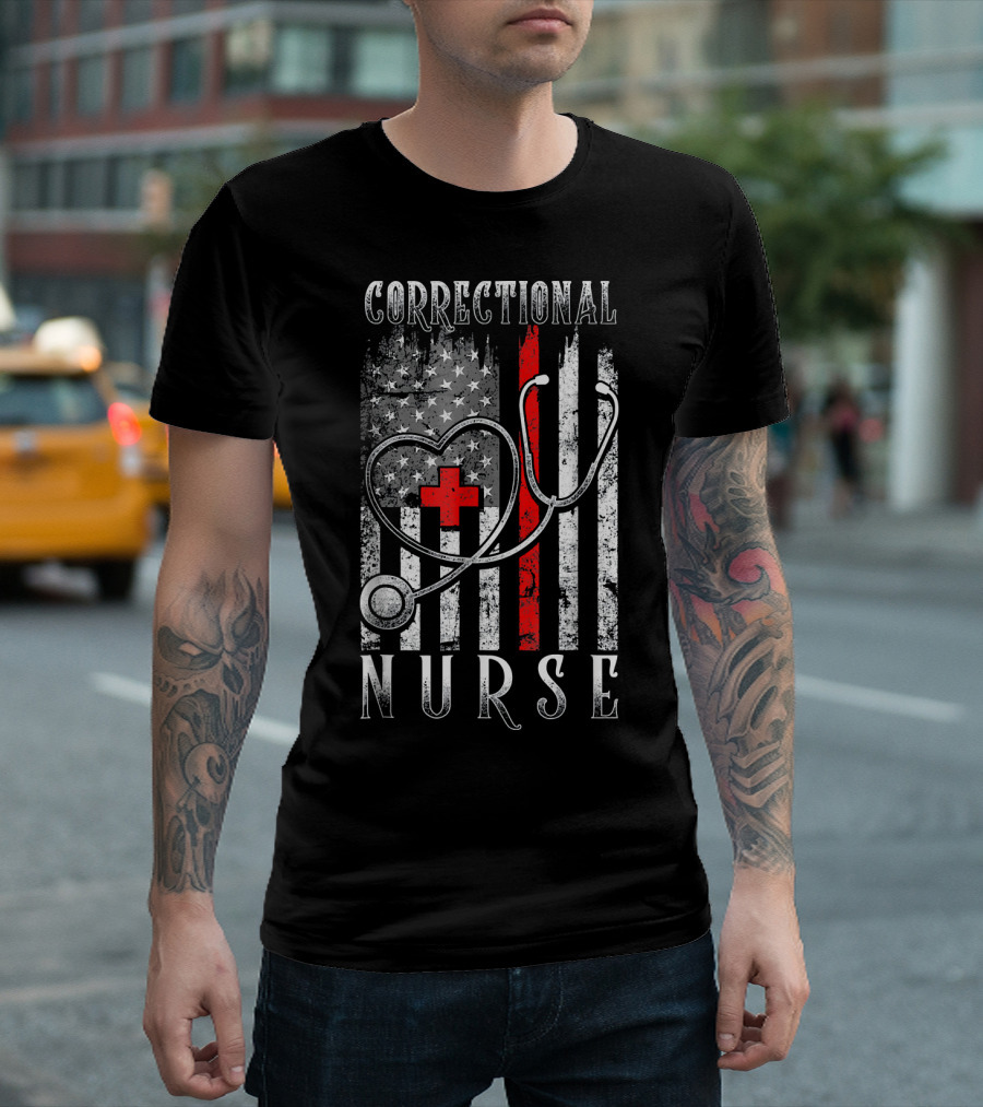 Correctional Nurse Distressed American Flag and Stethoscope T-Shirt