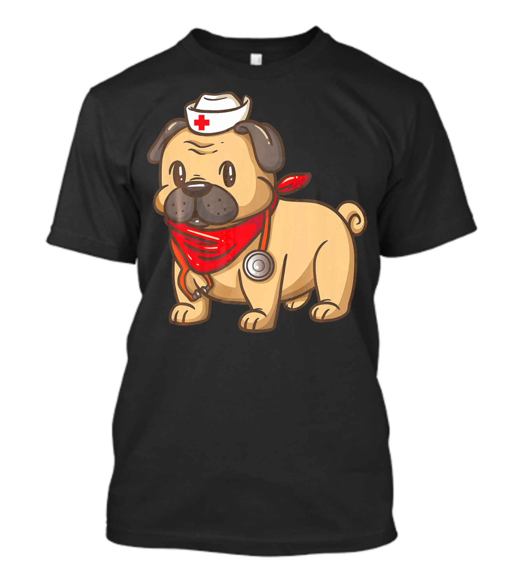 Cute Nurse Practitioner Pug Puppy Dog With Red Bandana And Nurse Hat T-Shirt