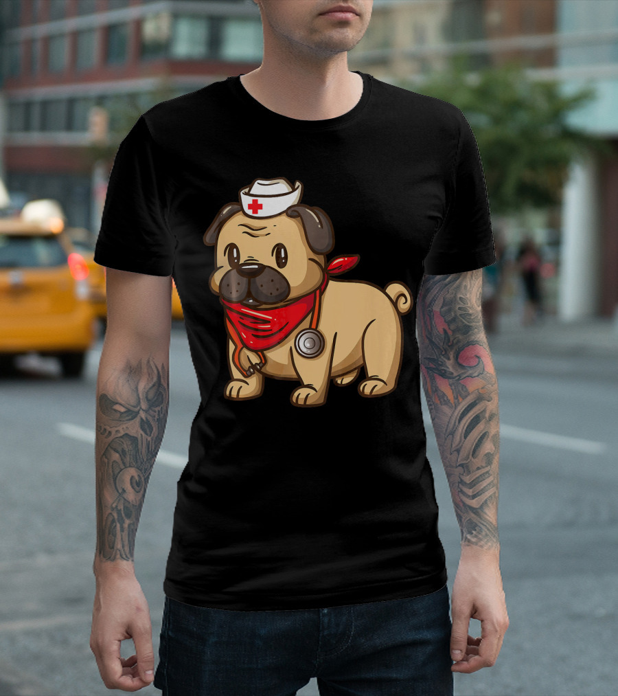 Cute Nurse Practitioner Pug Puppy Dog With Red Bandana And Nurse Hat T-Shirt