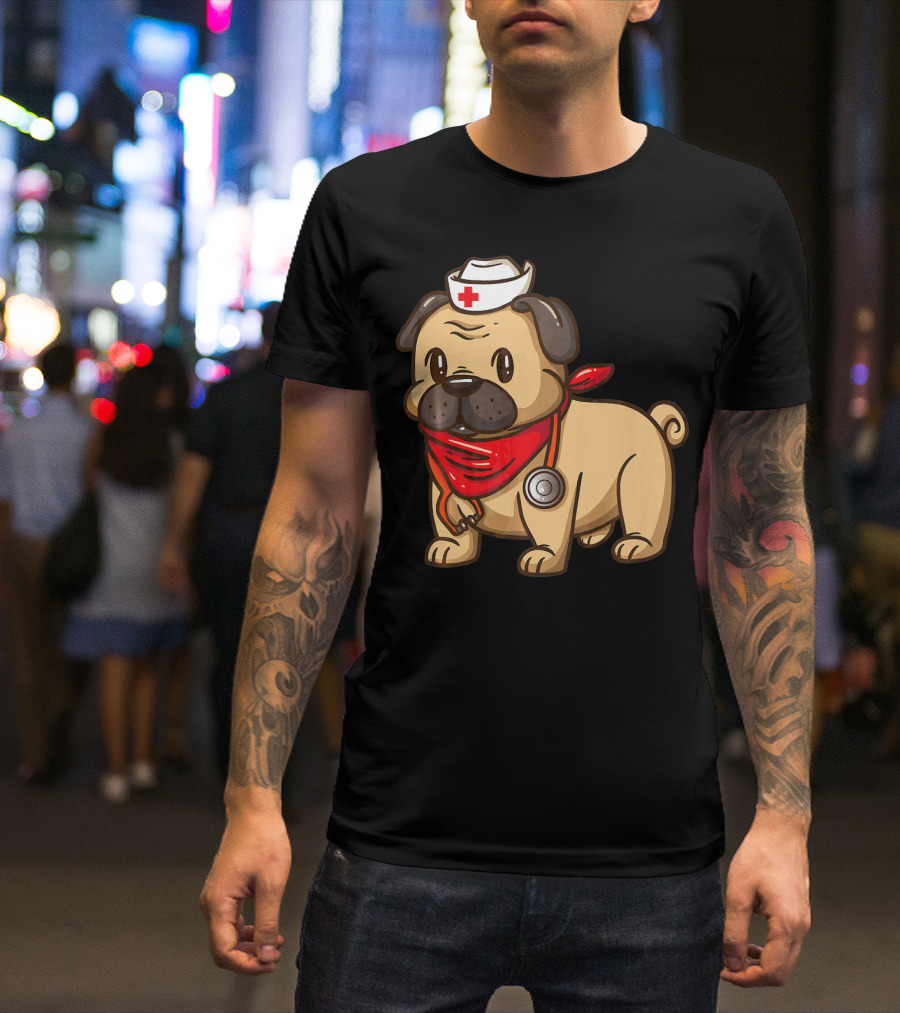 Cute Nurse Practitioner Pug Puppy Dog With Red Bandana And Nurse Hat T-Shirt