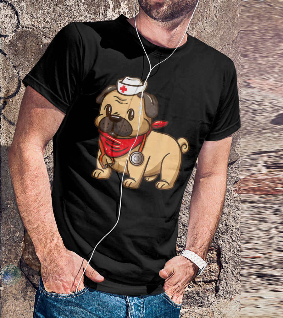 Cute Nurse Practitioner Pug Puppy Dog With Red Bandana And Nurse Hat T-Shirt