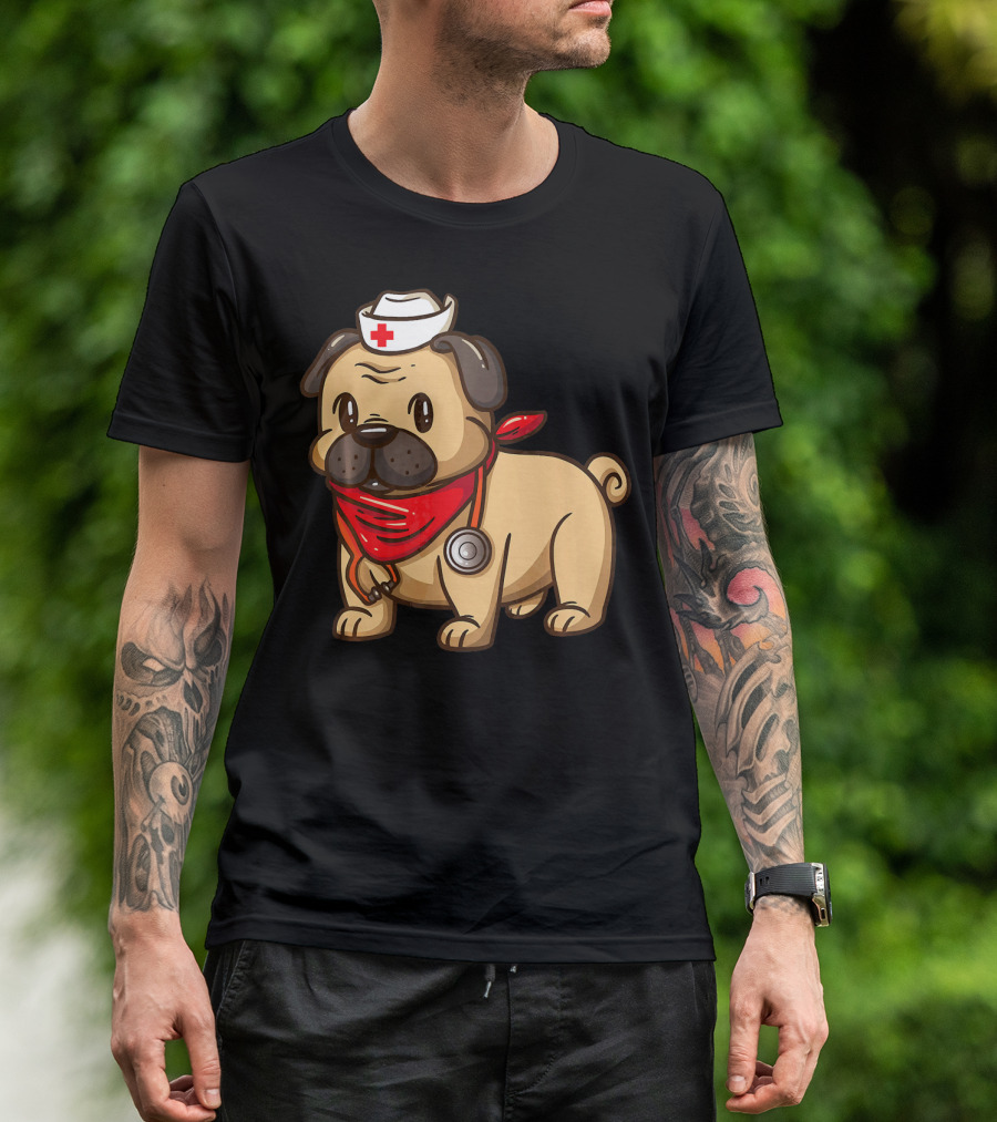 Cute Nurse Practitioner Pug Puppy Dog With Red Bandana And Nurse Hat T-Shirt