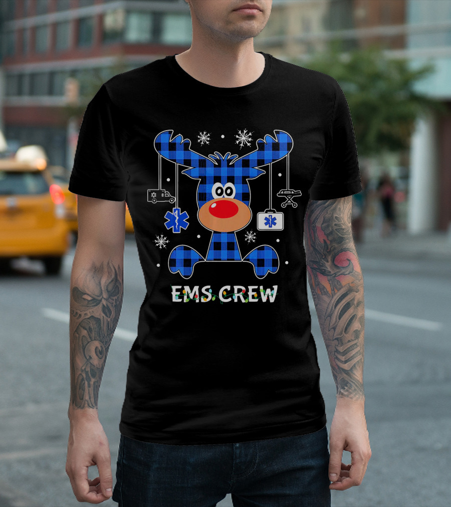 EMS Crew Reindeer Buffalo Plaid with Ambulance and Medical Symbols T-Shirt