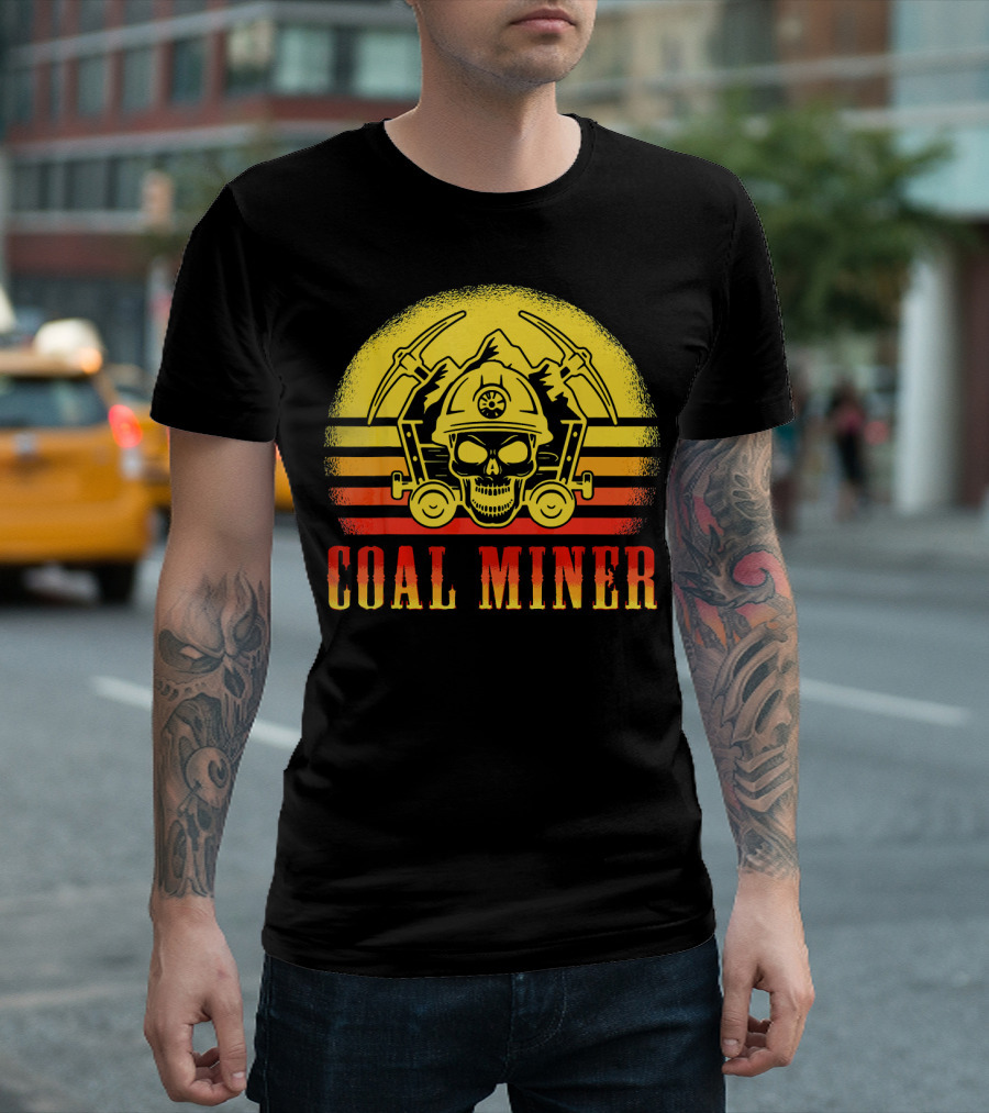Coal Miner Skull Helmet Pickaxes Retro Mining Worker T-Shirt